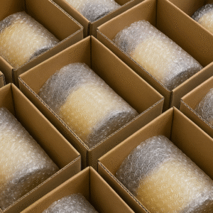 bubble-wrapped ghee bottles placed in strong boxes – ghee export packaging preparation